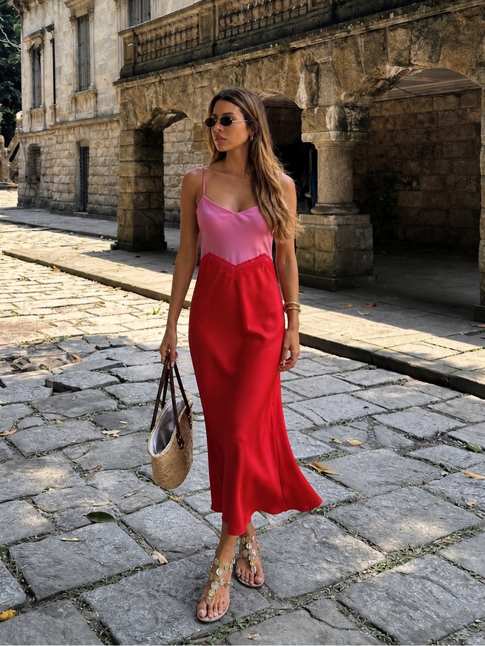 Gianni Bini Pink and Red Satin Slip Dress
